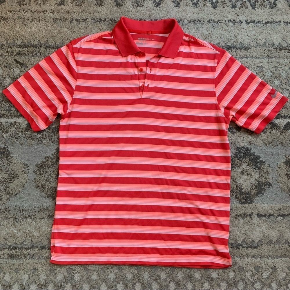 Nike Red and Light Pink Striped Polo Medium